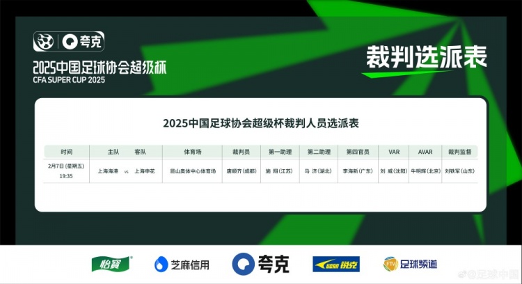  超級杯海港vs申花裁判員名單：主裁判唐順齊，VAR劉威