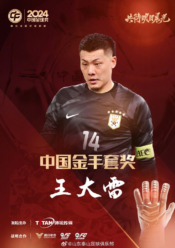  王大雷榮獲中國金手套獎，謝文能入選中國金球獎候選人前三名