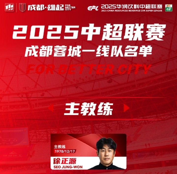  成都蓉城一線隊大名單出爐！