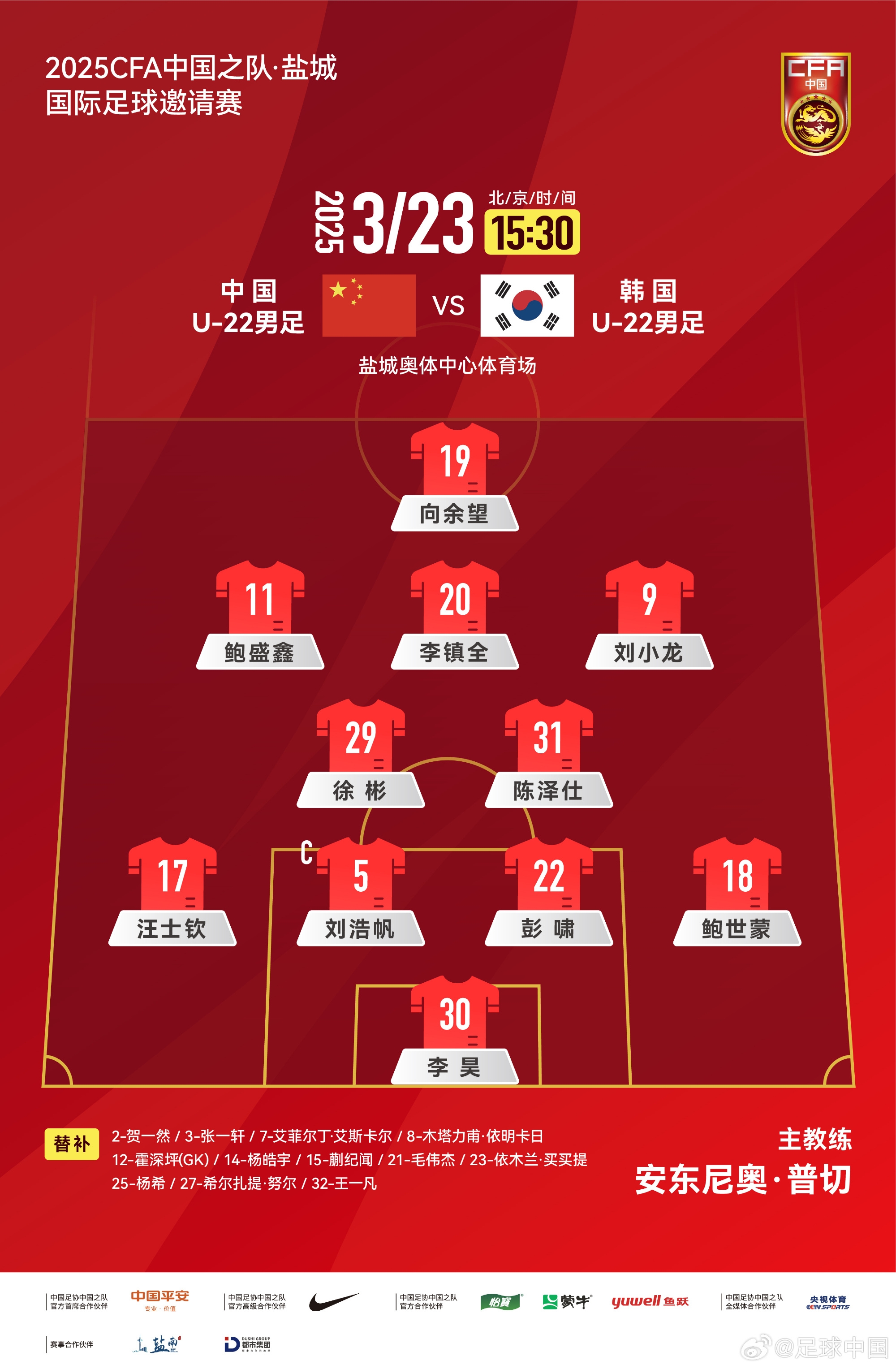  鹽城四國(guó)賽，中國(guó)U-22男足對(duì)陣韓國(guó)U-22男足，中國(guó)隊(duì)首發(fā)陣容