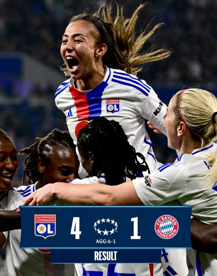  里昂女足4-1大勝拜仁女足，總比分6-1晉級女足歐冠半決賽