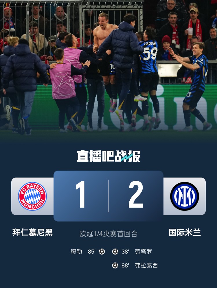  2-1占得先機！國米送給拜仁4年來歐冠主場首敗